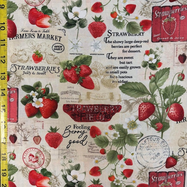 Strawberry Farm Beige - Timeless Treasure Fabric ( Yard or Half Yard ) Fruit CD3400