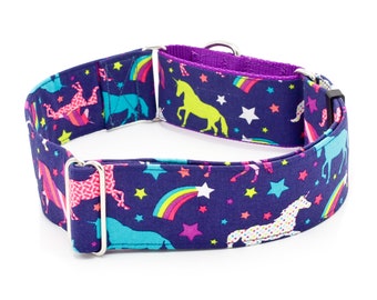 Collier de chien arc-en-ciel Licorne - Martingale ou boucle - 1,5" - 2" Largeurs