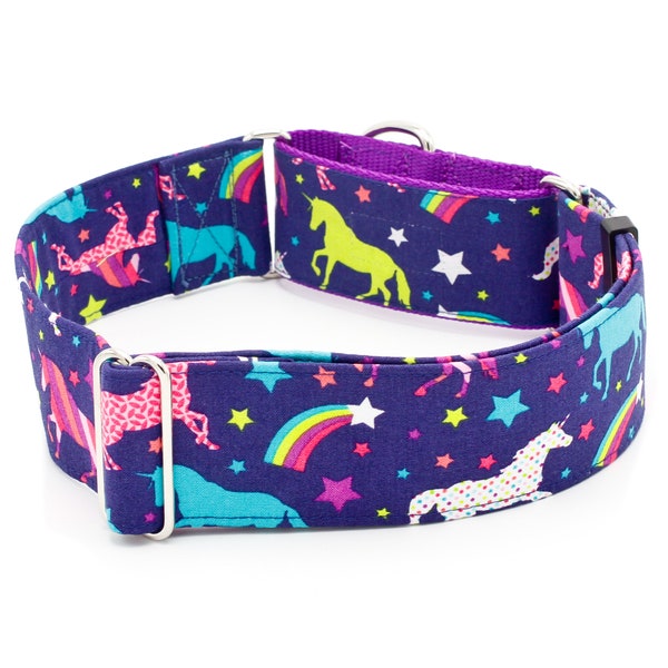 Collar de perro Unicorn Rainbow - Martingala o hebilla - 1.5 "- 2" de ancho