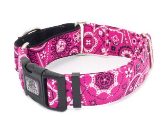 Pink Bandana Dog Collar Martingale & Buckle 3/4"- 2" Width