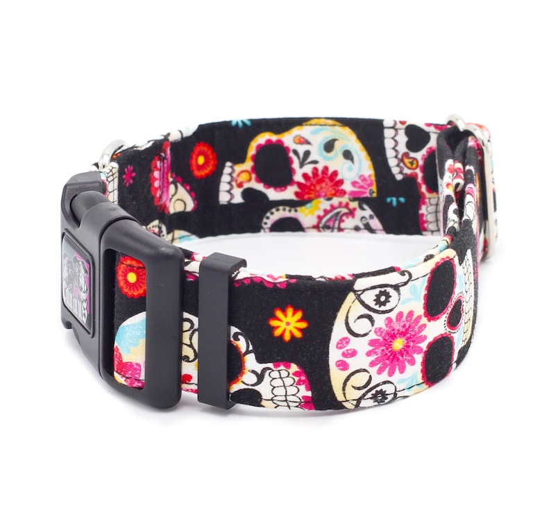 May include: Black dog collar with a colorful sugar skull pattern. The collar has a black buckle and a silver loop.