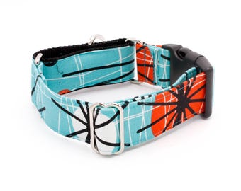 Mid Century Blue Dog Collar - Martingale or Buckle -3/4" - 2" Art Deco