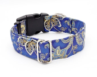 Navy and Gold Ornamental Dog Collar - Martingale or Buckle 5/8"- 2" Width Collars