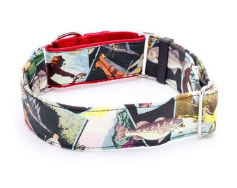 Gone Fishing Dog Collar, Boucle ou Martingale 1" - 2" Largeur - Chasse, Poisson, vintage