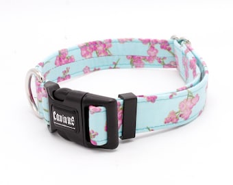 Cherry Blossoms Dog Collar - Martingale or Buckle 1/2"- 2" Width Collars
