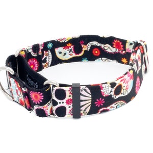 May include: Black and white dog collar with a colorful sugar skull pattern. The collar is made of durable nylon webbing and features a silver D-ring and a black buckle.