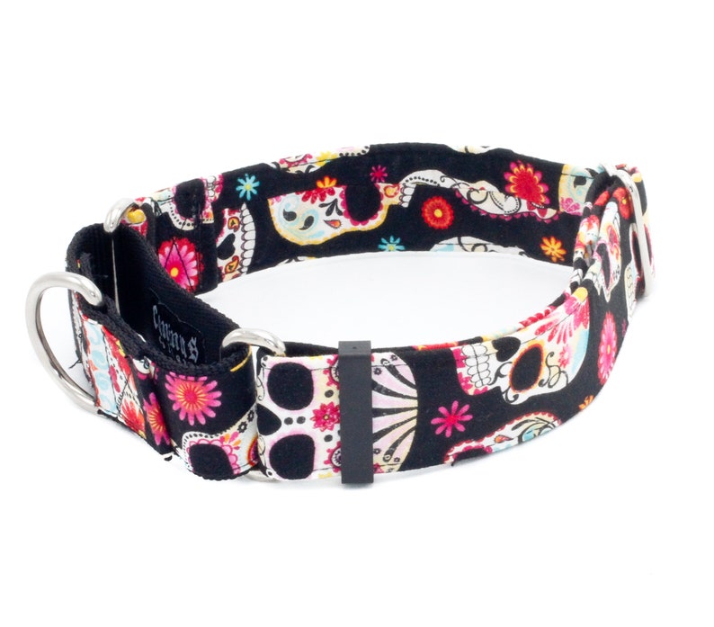 May include: Black and white dog collar with a colorful sugar skull pattern. The collar is made of durable nylon webbing and features a silver D-ring and a black buckle.