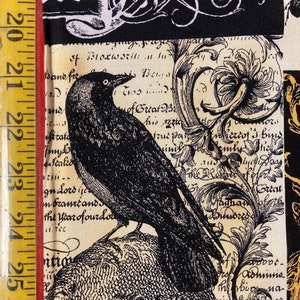 May include: A black and white illustration of a crow perched on a branch with a background of old text and floral designs. The text includes the words "St. Bloxwrth" and "Year of our Lord".