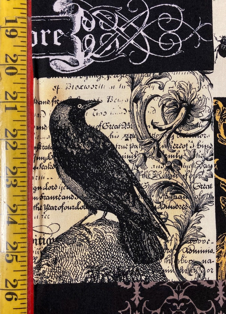 May include: A black and white illustration of a crow perched on a branch with a background of old text and floral designs. The text includes the words "St. Bloxwrth" and "Year of our Lord".