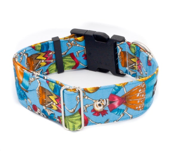 Blue Day of the Dead Skeletons Dog Collar - Martingale or Buckle - 3/4"-2" Inch Widths
