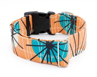 Mid Century Orange Dog Collar - Martingale or Buckle -3/4" - 2" Art Deco