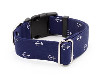 Navy Anchors Dog Collar - Martingale or Buckle - 1"- 2" Widths - Nautical