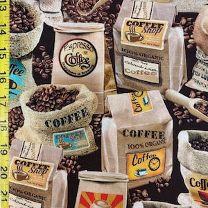 May include: A brown background with various coffee bags and sacks of coffee beans. The bags have different labels with text such as "100% Organic Colombian Coffee", "Espresso Coffee", and "Coffee Shop".