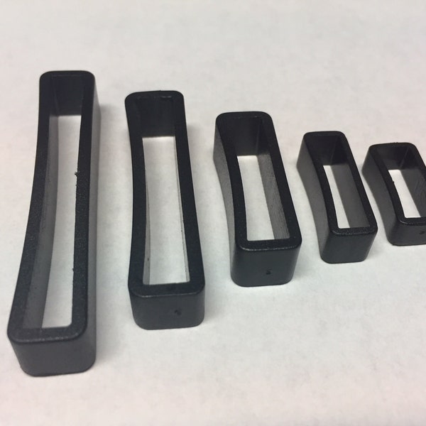 Black Plastic Keeper Loop 3/8, 1/2, 5/8, 3/4, 1, 1.5, 2 inch width webbing keeper contoured loops
