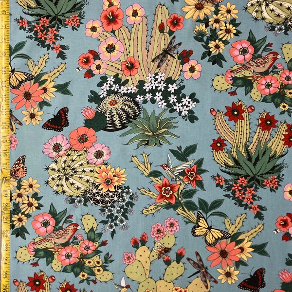 Hacienda Cactus Tea Black Chambray - Alexander Henry Fabric Cacti Desert southwest prickly pear birds butterflies ( Yard or Half Yard )