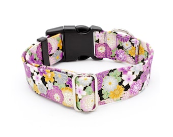 Purple Pompon Flowers Dog Collar 5/8" - 2" Widths  - Buckle or Martingale