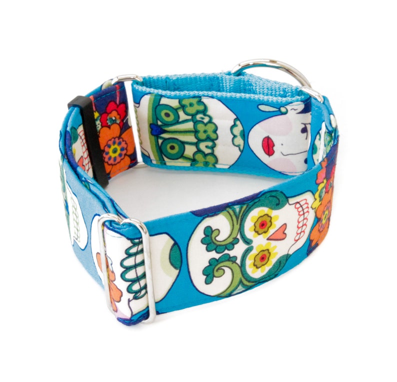 May include: A blue dog collar with a repeating pattern of white sugar skulls, flowers, and green swirls. The collar has a metal D-ring and a black plastic buckle. The interior of the collar is a lighter blue fabric.