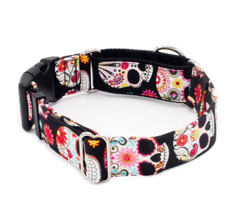 May include: A black dog collar with a colorful sugar skull pattern. The collar is made of durable nylon and features a silver buckle and D-ring.