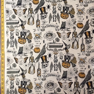 Trickery Tea & Orange Alexander Henry Fabric ( Yard or Half Yard ) Day of the Dead Skull Pumpkin Raven