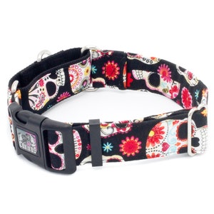 May include: Black dog collar with a colorful sugar skull pattern. The collar has a silver buckle and two silver D-rings.
