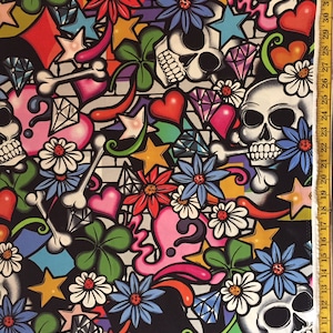 Street Skull - Alexander Henry Fabric - Heart, Bone, Flower  ( Yard or Half Yard )