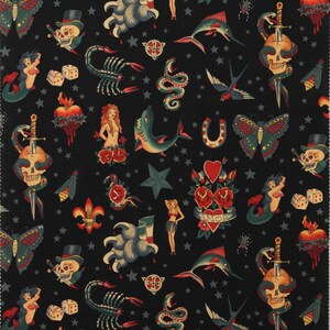 Tatouage Black & Tea Alexander Henry Fabric Yard ou Half Yard Hearts Skull Butterfly Horseshoe image 4