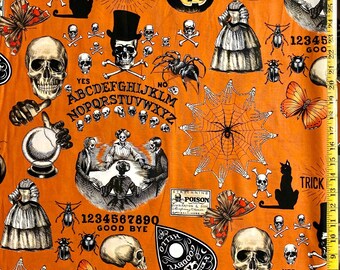 Séance Orange - Alexander Henry Fabric - Ouija, Skulls, Black Cat,  Spider Web ( Yard or Half Yard )