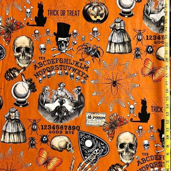 Séance Orange - Alexander Henry Fabric - Ouija, Skulls, Black Cat,  Spider Web ( Yard or Half Yard )