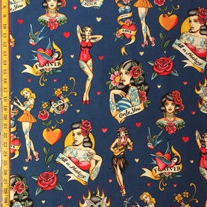Don&#39;t Gamble With Love Blue - Alexander Henry Fabric - Pinup, Girl, Tattooed, Dice, ( Yard or Half Yard )