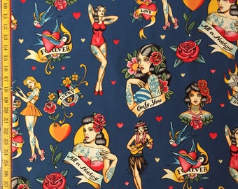 Don't Gamble With Love Blue - Alexander Henry Fabric - Pinup, Girl, Tattooed, Dice, ( Yard or Half Yard )