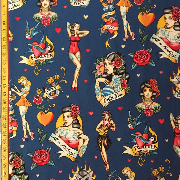 Don't Gamble With Love Blue - Alexander Henry Fabric - Pinup, Girl, Tattooed, Dice, ( Yard or Half Yard )