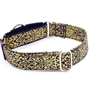 Black & Gold Flourish Dog Collar Martingale, Buckle 5/8&quot;- 2&quot; Width Collars