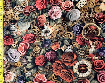 Wonderland - Timeless Treasures  -white rabbit cheshire cat roses fleur cd4227 ( Yard or Half Yard )