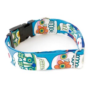 May include: A blue dog collar with a Day of the Dead skull pattern. The collar features a black plastic buckle and a silver metal D-ring. The skulls are white with colorful floral accents.