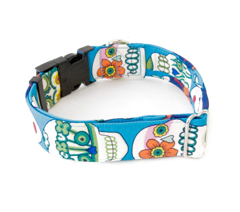 May include: A blue dog collar with a Day of the Dead skull pattern. The collar features a black plastic buckle and a silver metal D-ring. The skulls are white with colorful floral accents.