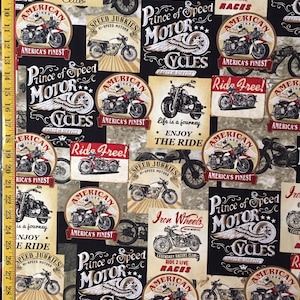 Packed Motorcycle Signs Colored & Grey - Timeless Treasures ( Yard or Half Yard ) Fun-C8049