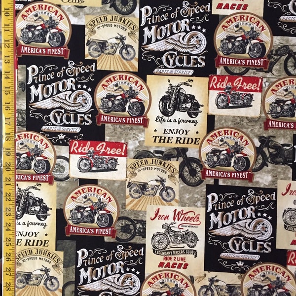 Packed Motorcycle Signs Colored & Grey - Timeless Treasures ( Yard or Half Yard ) Fun-C8049