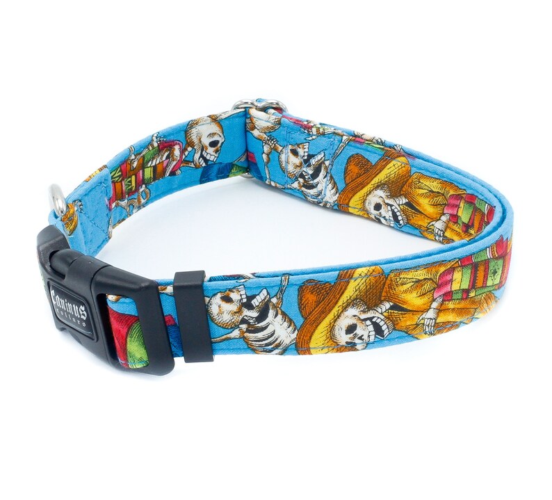 Pode incluir: Uma coleira de cachorro azul com um padr&atilde;o colorido de esqueletos usando sombreros e tocando instrumentos musicais. A coleira tem uma fivela preta com o texto "Canine Styles" nela.