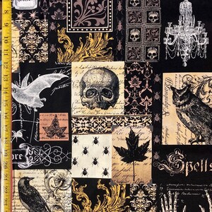 May include: A black and gold fabric with a Halloween theme. The fabric features a variety of images, including skulls, bats, owls, spiders, and a chandelier. The fabric also includes text such as "Potions", "Spells", and "Blanqridge Palad".