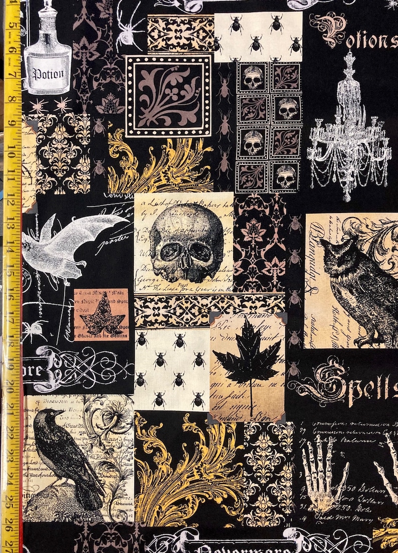 May include: A black and gold fabric with a Halloween theme. The fabric features a variety of images, including skulls, bats, owls, spiders, and a chandelier. The fabric also includes text such as "Potions", "Spells", and "Blanqridge Palad".