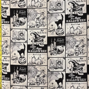 May include: Black and white Halloween-themed fabric with repeating square patterns. Each square features spooky illustrations of skulls, witch hats, pumpkins, cats, potion bottles, and spiderwebs. Text includes phrases like "Best Witches" and "Happy Fright Night".