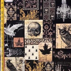 May include: A black fabric with a patchwork design featuring various Halloween-themed images, including skulls, bats, ravens, spiders, and a chandelier. The fabric also includes text in a gothic font, such as "Potion" and "Spell".