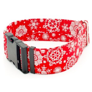 Red Holiday Dog Collar Snowflakes 1" - 2" Width (Martingale or Buckle) Christmas Dog Collar