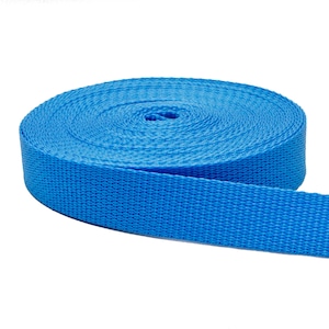 May include: A roll of bright blue nylon webbing, a type of strong, durable fabric often used for straps, belts, and other applications.