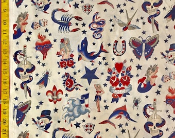 Tattoo Red Blue Tint - Alexander Henry Fabric - Traditional, Hearts, Pinup, Skull, Sacred Heart ( Yard or Half Yard )