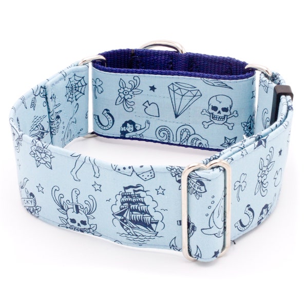 Traditional Tattoo Blue Dog Collar -Martingale or Buckle - 1"- 2" width