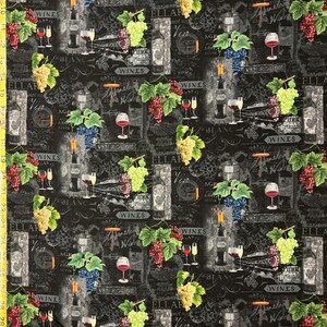 May include: A black and white fabric with a repeating pattern of wine bottles, grapes, and wine glasses. The fabric has a vintage, chalkboard-style design with text that says "Pinot Wines", "Vin Rouge", "Blanc", and "Cellar".