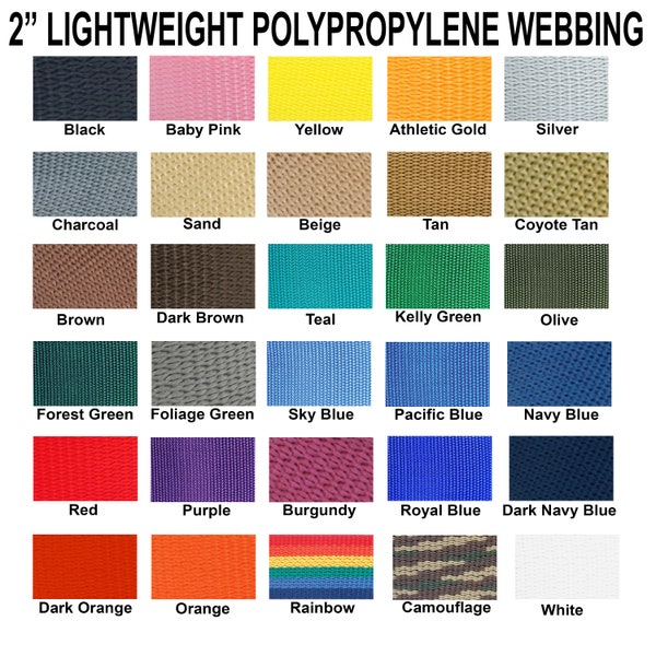 10 yds - 2"  Light Weight Polypropylene Webbing Various Colors 2 Inch Poly Strap, Strapping 30 Feet