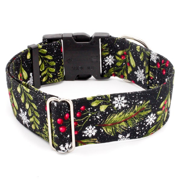 Snowflakes & Holly Dog Collar Martingale, Buckle 1"- 2" Width Collars