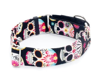 Sugar Skull Fiesta Dog Collar - Martingale or Buckle - 1.5" - 2" Widths - Day Of The Dead, Calavera, Candy Skull